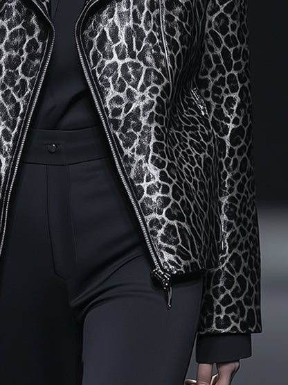 High-End Fashionable Casual Lapel Zipper 3d Leopard Leather Jacket