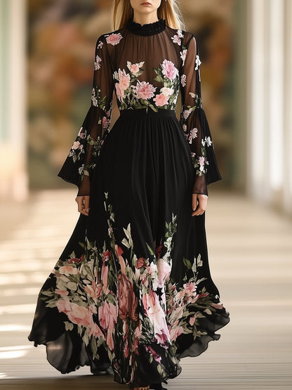 Romantic Illusion Half-high Neck Printed Black Chiffon Long-sleeved Maxi Dress