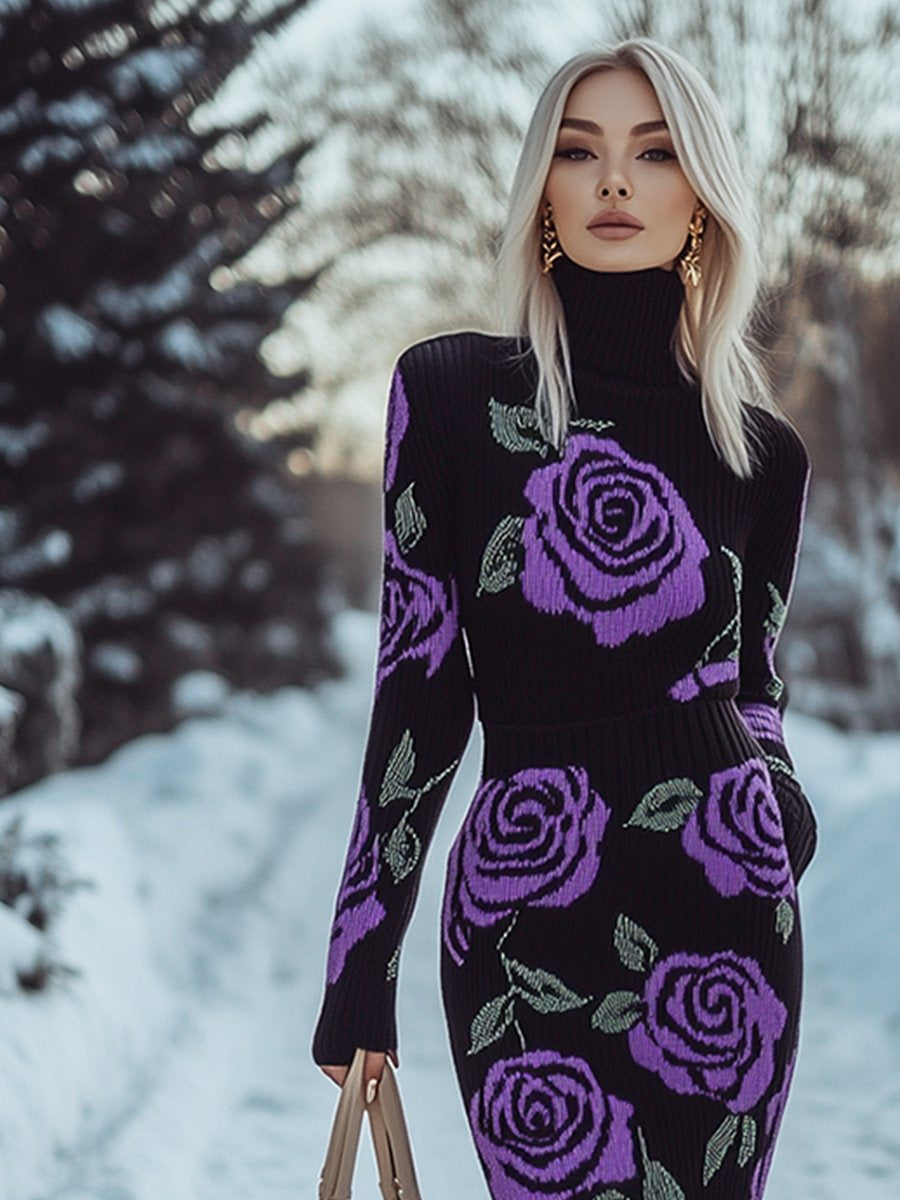 Fashionable Casual Slim High Collar Purple Rose Knitted Maxi Dress