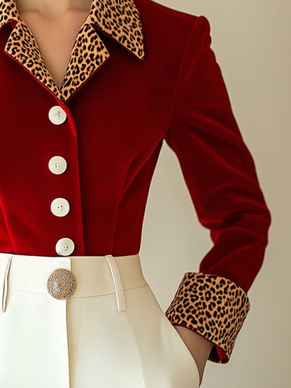 Casual Loose Retro Red Velvet Stitching Leopard Print Long-Sleeved Blouse