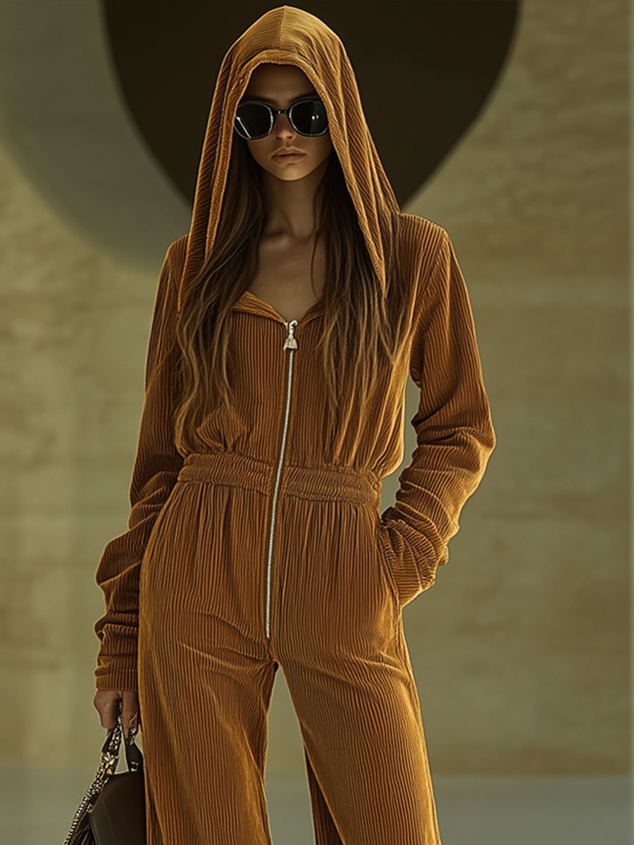 Casual Loose Vintage Corduroy Elastic Waist Zipper Hooded Jumpsuit