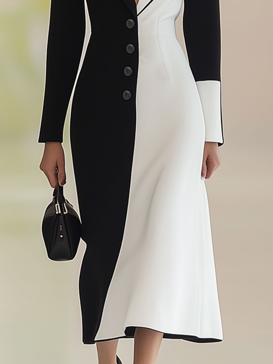 Casual Retro Black And White Colorblock Lapel Long Sleeve Midi Dress