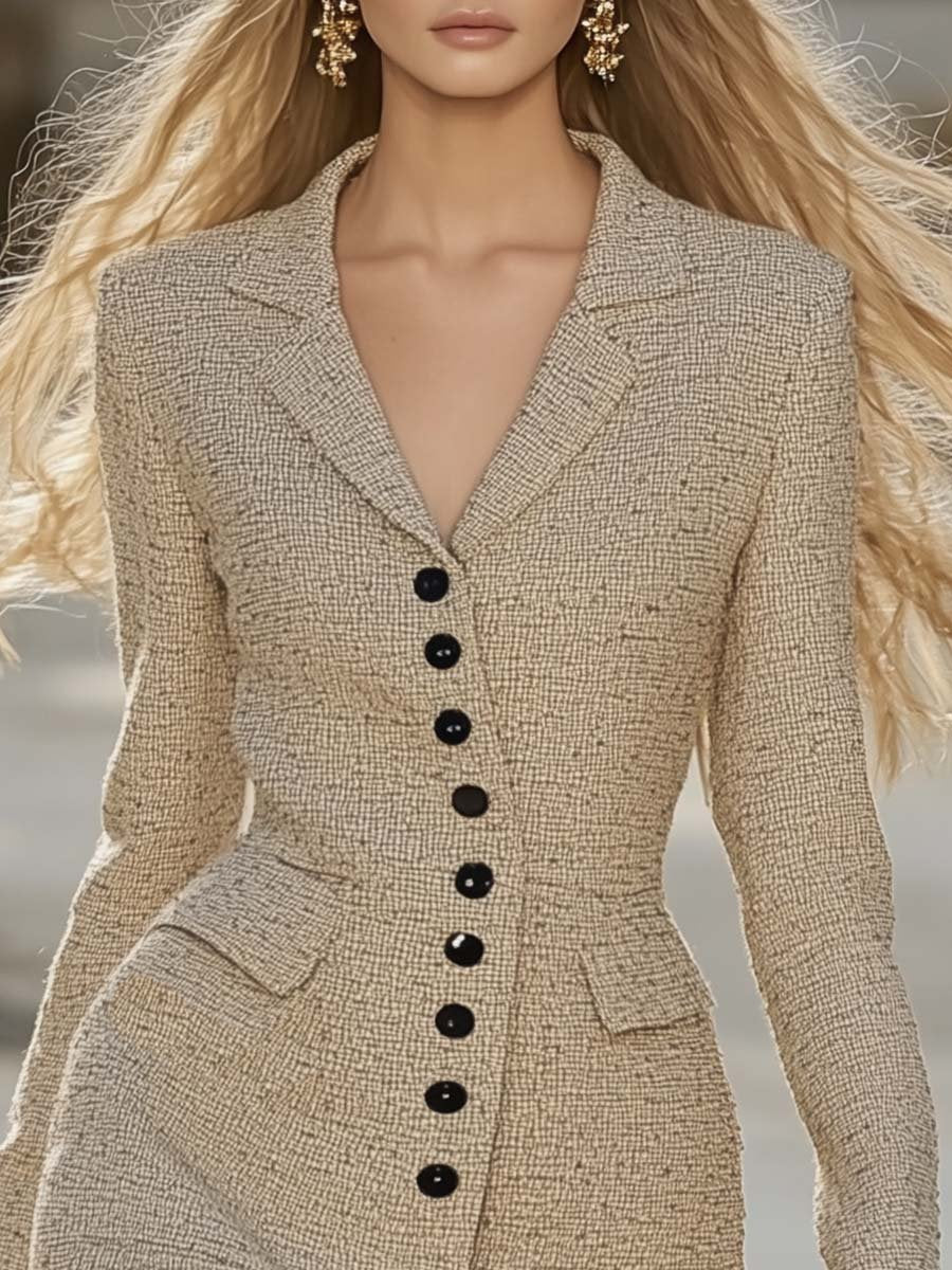 Elegant and Gentle Cuffs Lace Beige Tweed Mini Dress