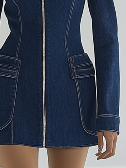 Casual Fashion Vintage Navy Denim Zipper Long Sleeve Pocket Mini Dress