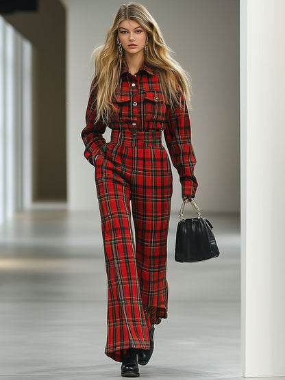 Casual Loose Retro Woolen Red And Green Plaid Multi-Pocket Long-Sleeved Jumpsuit