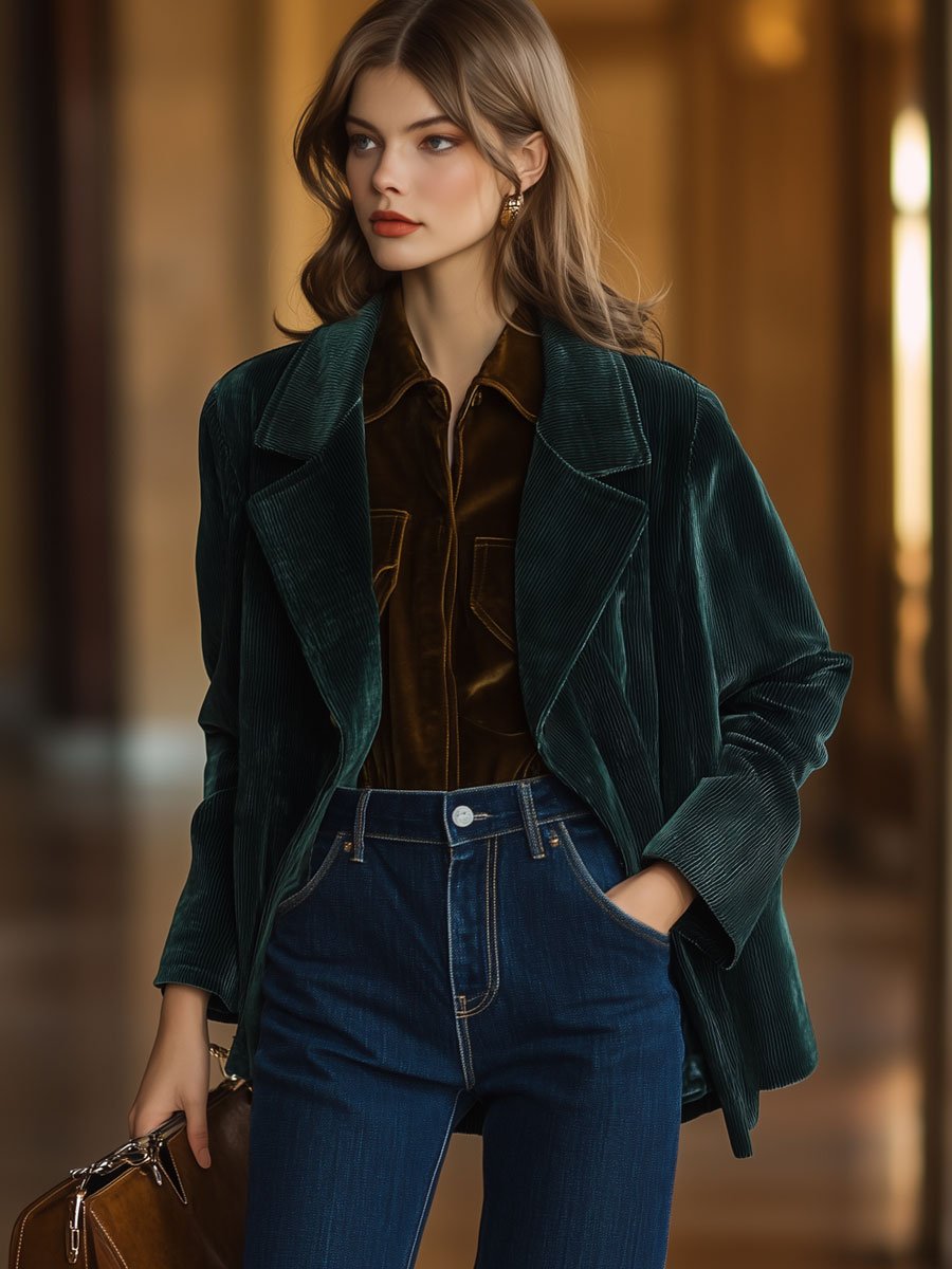 Casual Loose Vintage Corduroy Green Lapel Pocket Blazer