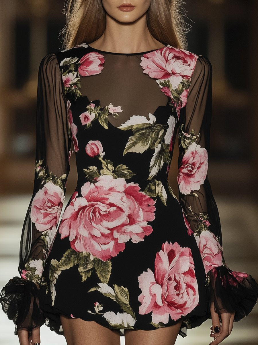 Romantic Illusion Round Neck Printed Black Chiffon Puff Sleeve Mini Dress