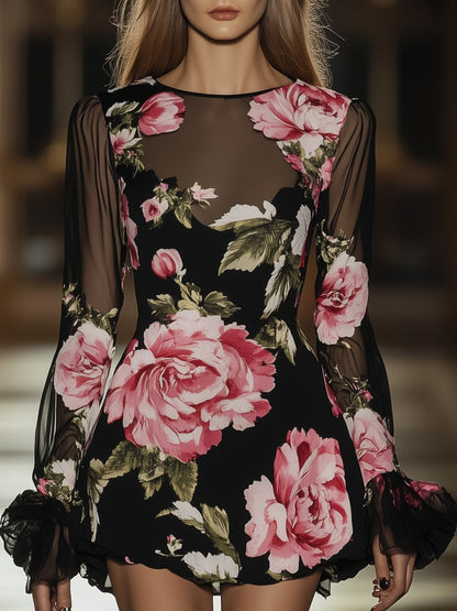 Romantic Illusion Round Neck Printed Black Chiffon Puff Sleeve Mini Dress