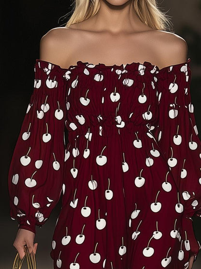 Romantic Printed One Shoulder Dark Red Long Sleeve Maxi Dress