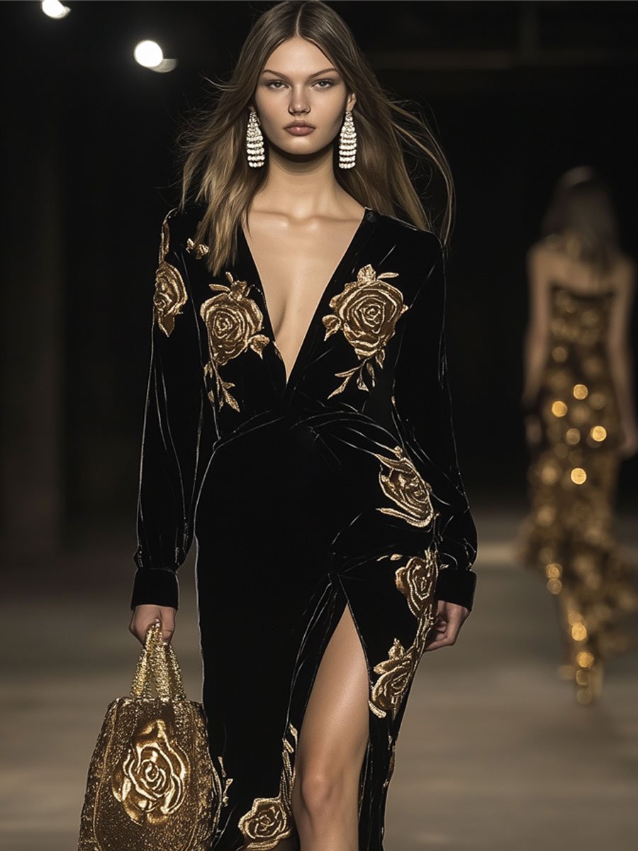 Fashion Retro Black Velvet Gold Rose Print Long Sleeve V-Neck Maxi Dress