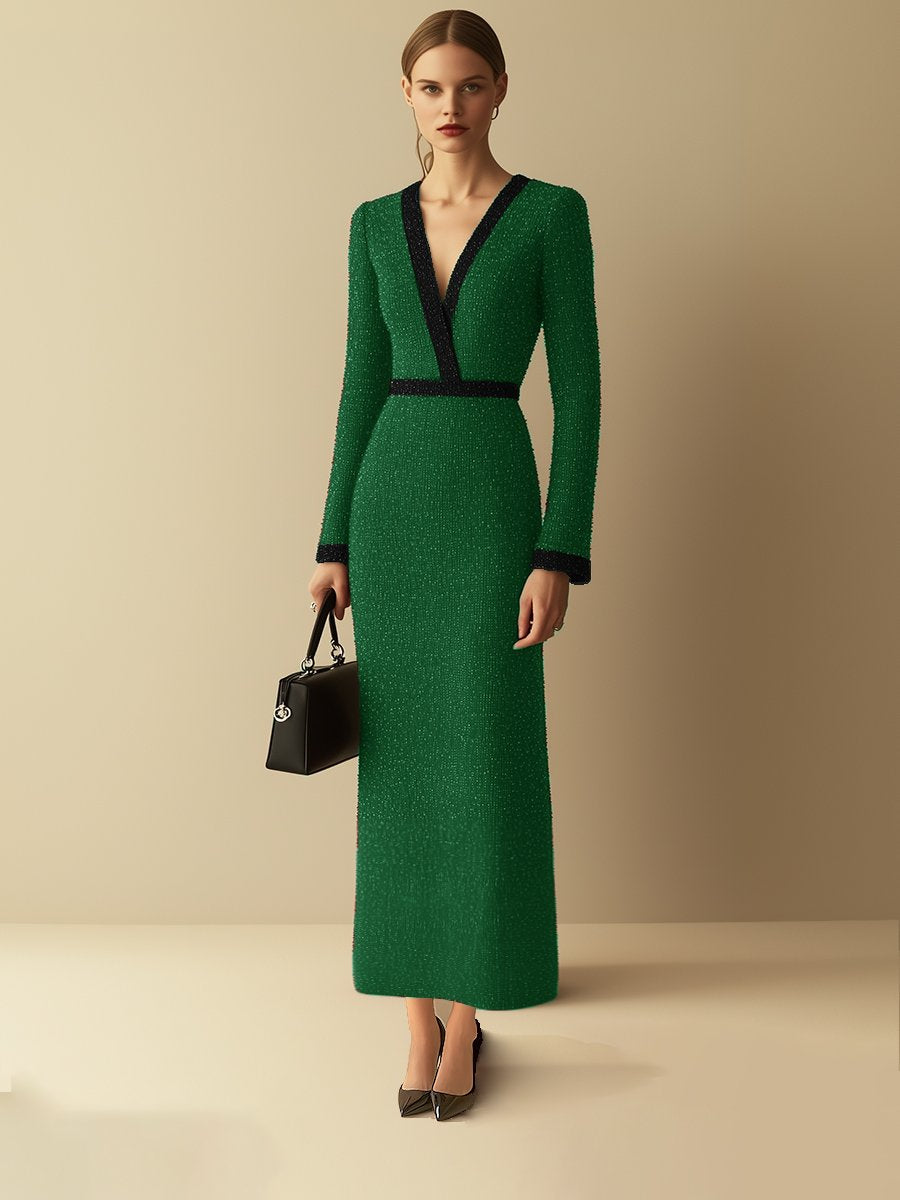 High-End Loose Fashion Elegant Ribbon Green Tweed Dress