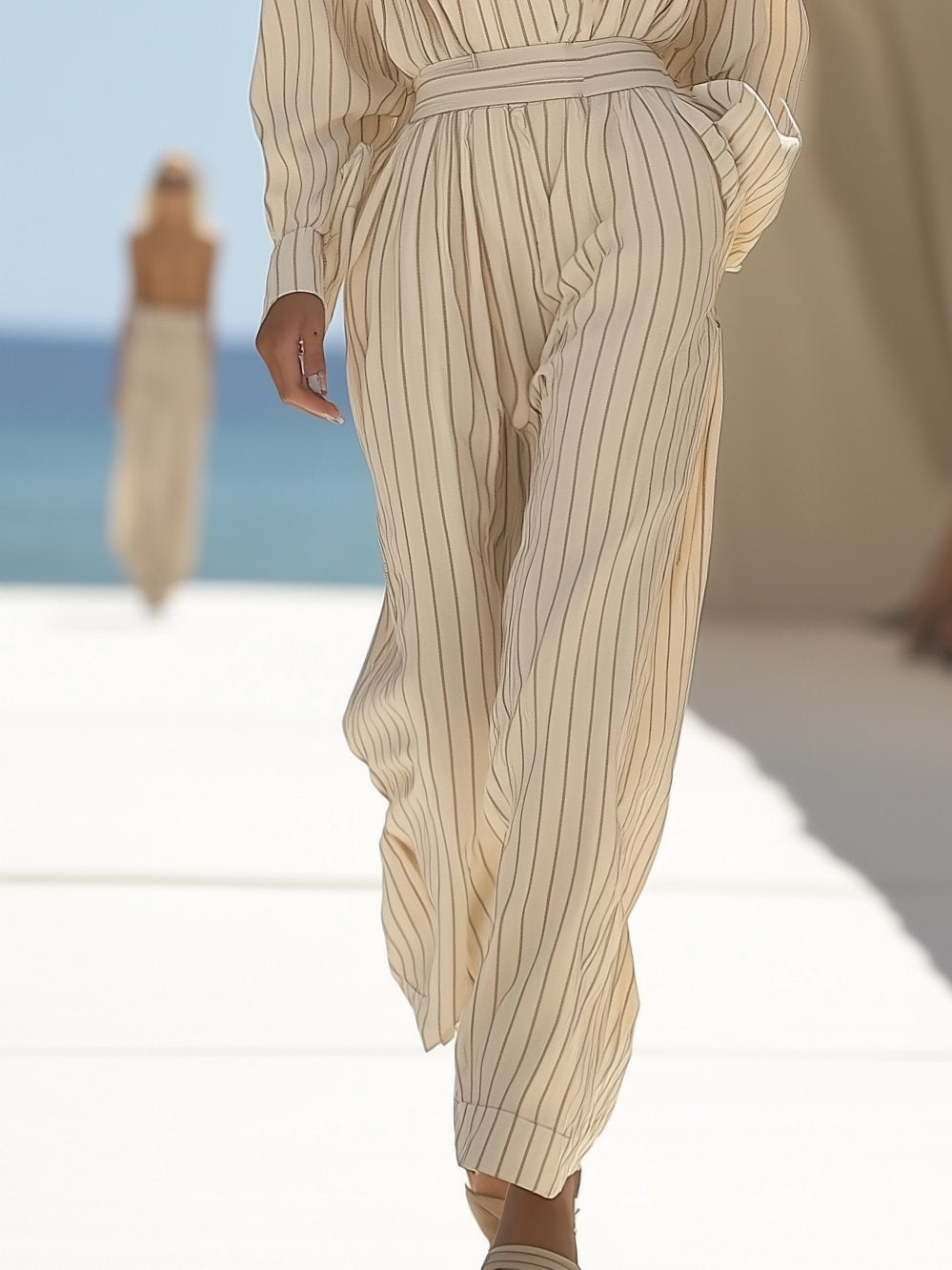 Casual One-Shoulder Apricot Striped Long-Sleeved Jumpsuit