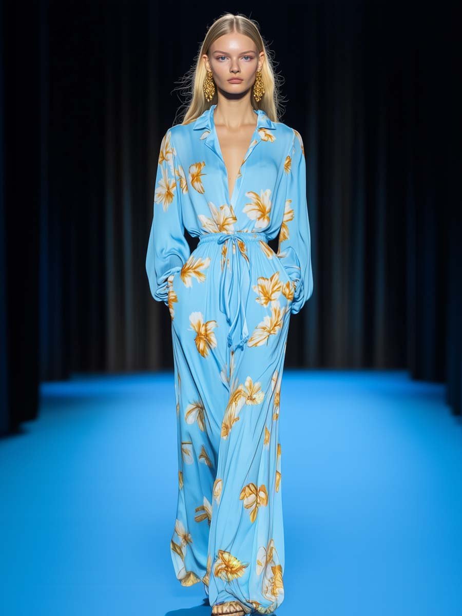 Elegant Casual Floral Print Waist Drawstring Light Blue Jumpsuit