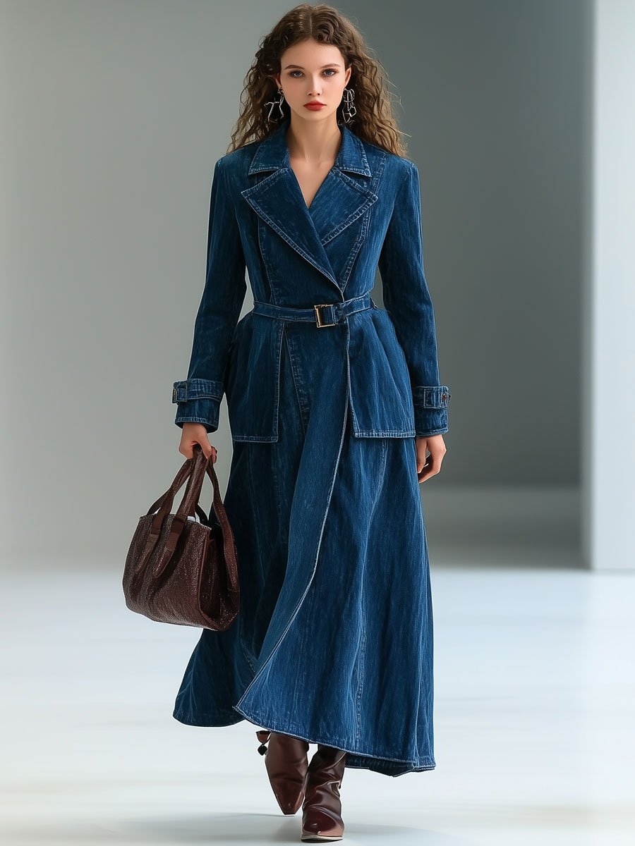 Casual Loose Retro Lapel Lace-Up Denim Trench Coat