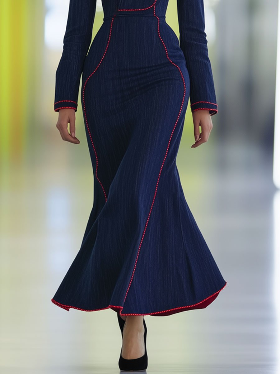 Retro Fashion Navy Blue Denim Red Topstitching Long Sleeve Maxi Dress