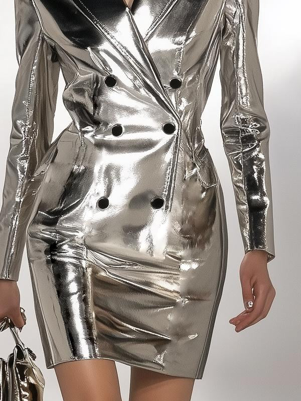 Chic Futuristic Silver Leather Long Sleeve Mini Dress