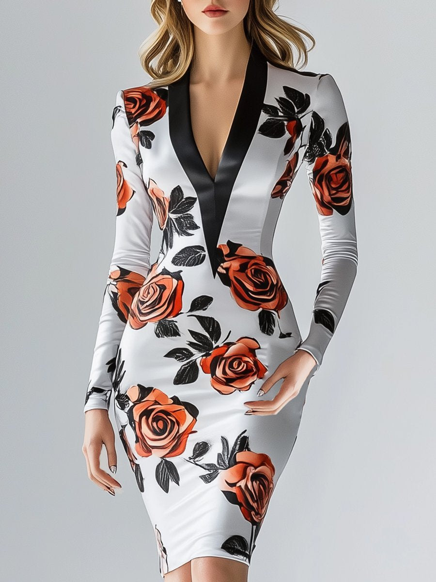 Charming Rose Printed V-neck Satin Midi Dress