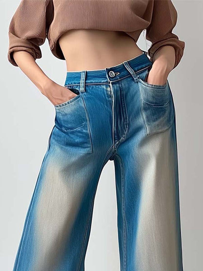 Vintage Fashion Washed Pocket Wide Leg Jeans