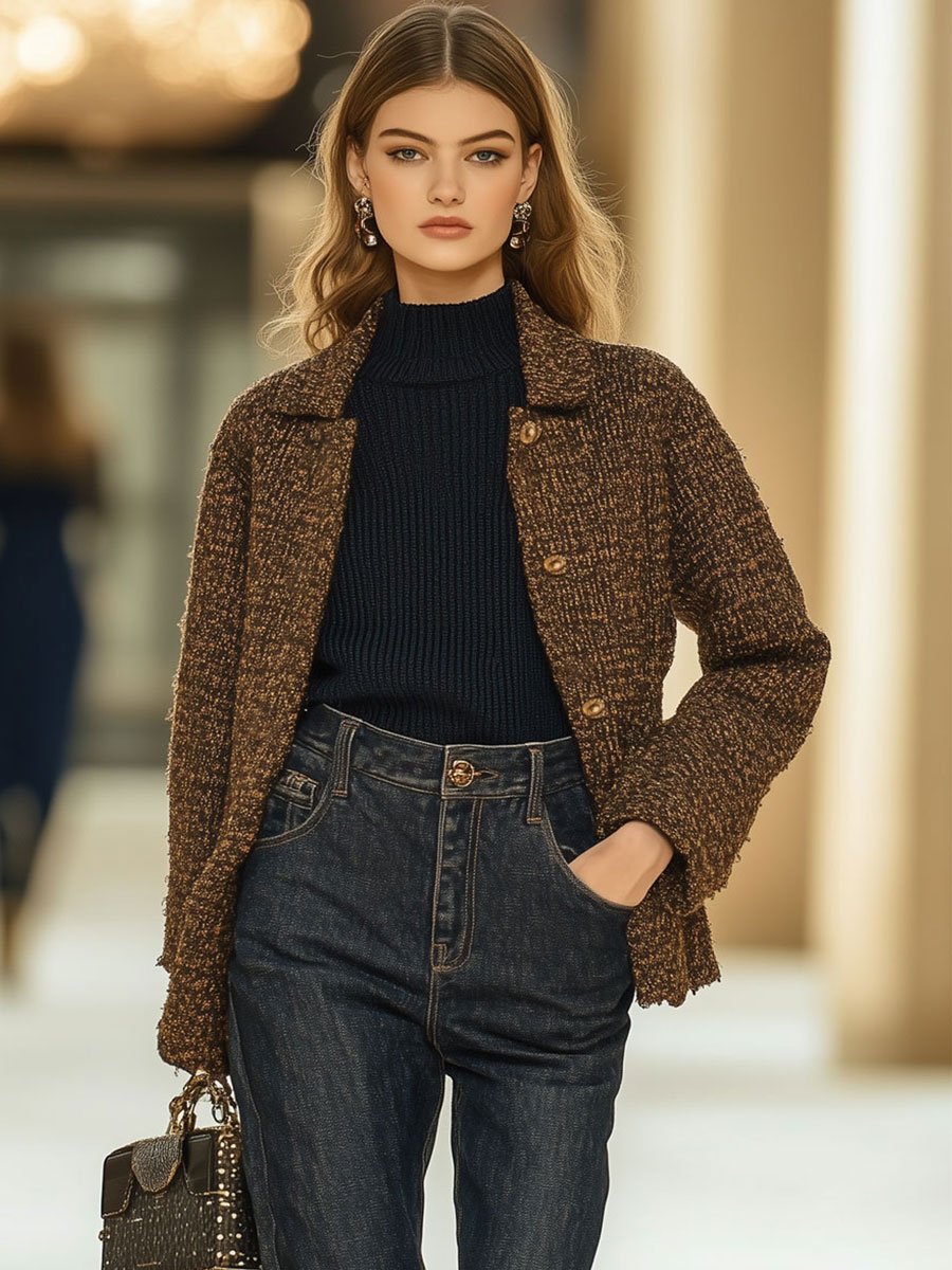 Casual Loose Retro Tweed Single-Breasted Metal Button Coat