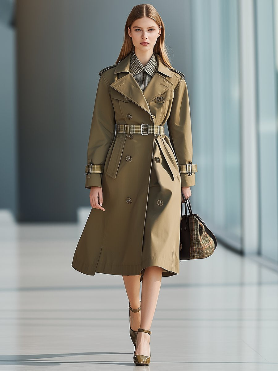 Fashionable Khaki Plaid Patchwork Trench Coat