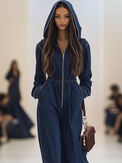 Casual Retro Denim Elastic Waist Zipper Wide Leg Hooded Jumpsuit