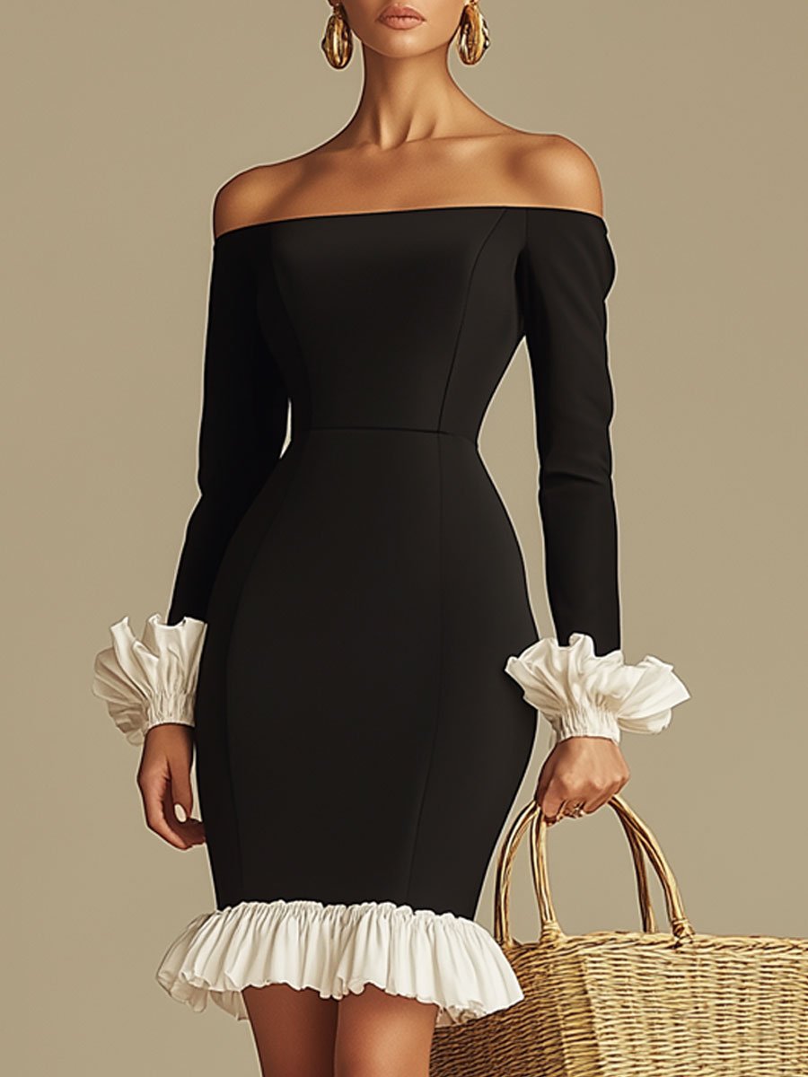 Fashion Party Black Dress White Ruffled Fishtail Long Sleeve Mini Dress