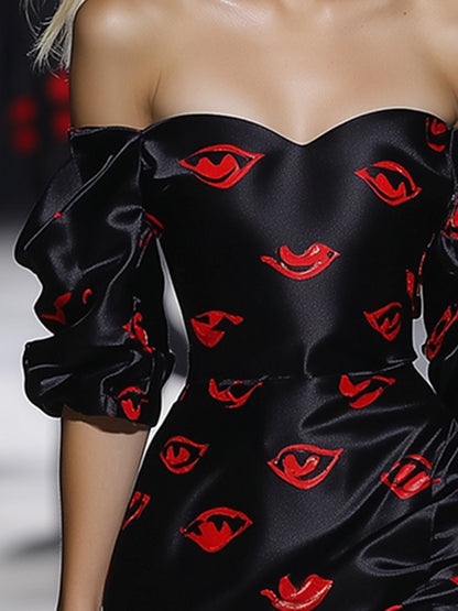 Elegant and Sexy Red Lips Pattern Puff Sleeve Satin Mini Dress