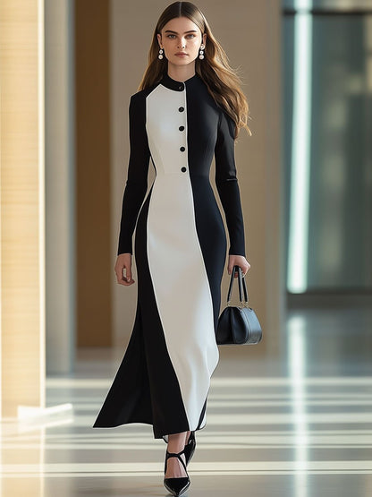 Fashion Retro Black And White Stand Collar Button Long Sleeve Maxi Dress