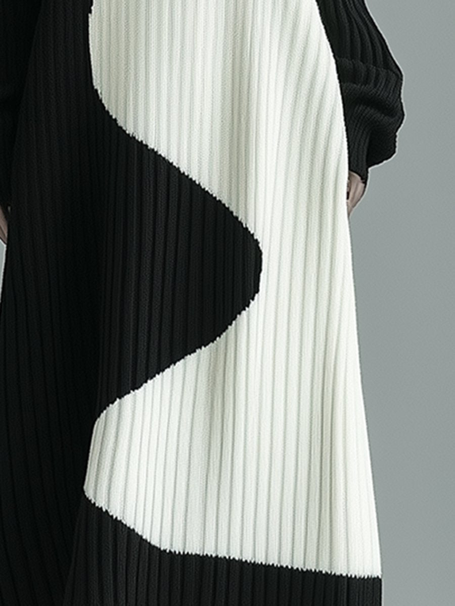 Lazy High-End Black And White Contrast Half-High Collar Pullover Knitted Dress