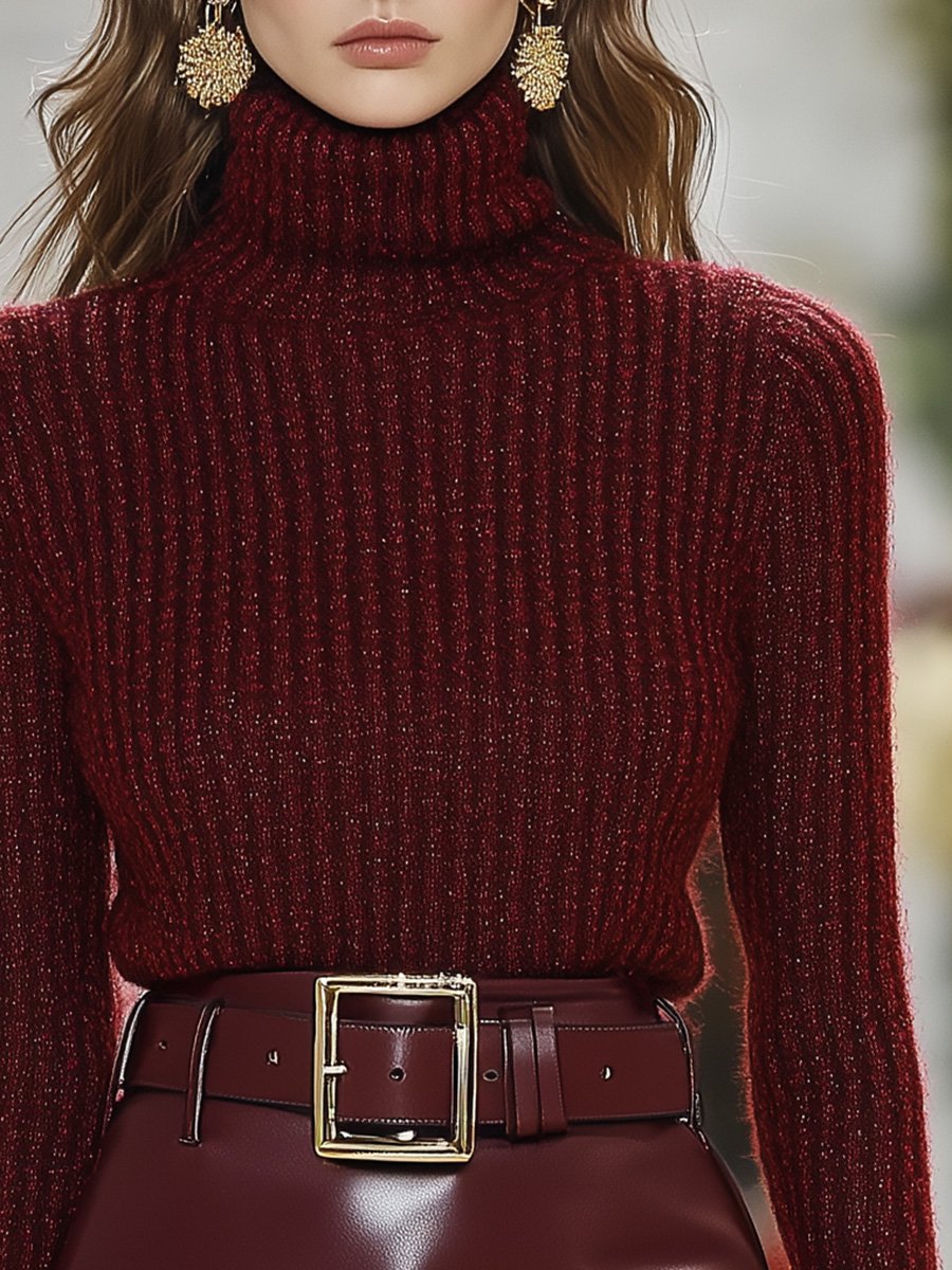 Retro Commuter Party High Collar Burgundy Sweater and Burgundy Leather Skirt Sets