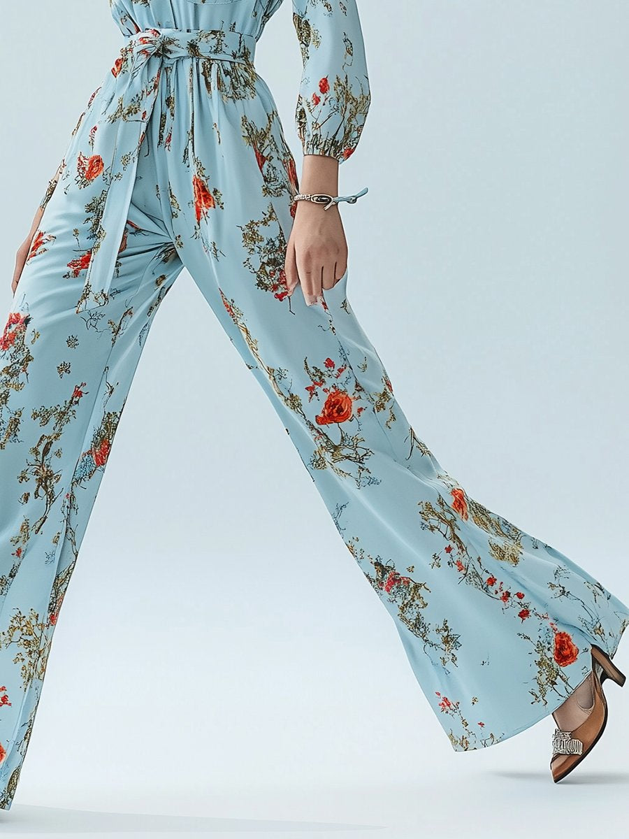 Fashionable Casual Loose Blue Printed Shirt Long-sleeved Jumpsuit