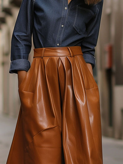 Casual Loose Vintage Pocket Leather Skirt