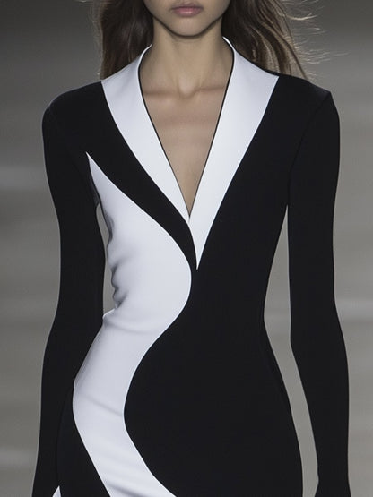 Fashionable Slim Black and White Split Mini Dress