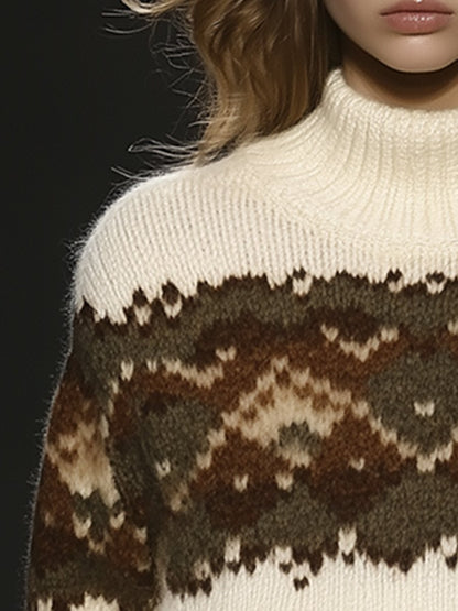 Vintage Casual Fair Isle Beige Loose Turtleneck Sweater