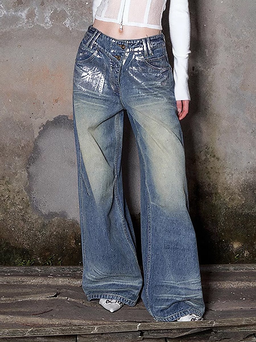 Low-Rise Casual Silver-Finish Loose Wide-Leg Denim Pants