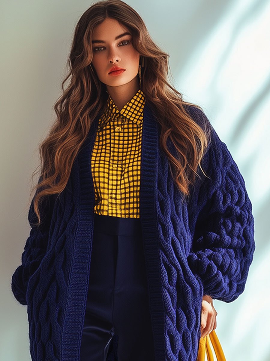 Casual Loose Retro Royal Blue Knitted Cardigan