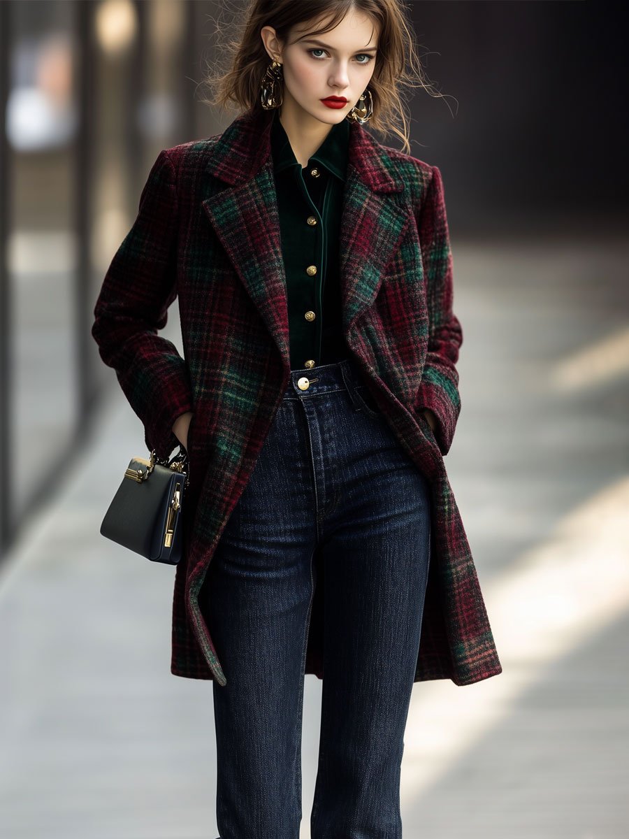 Casual Loose Retro Lapel Red And Green Plaid Woolen Coat