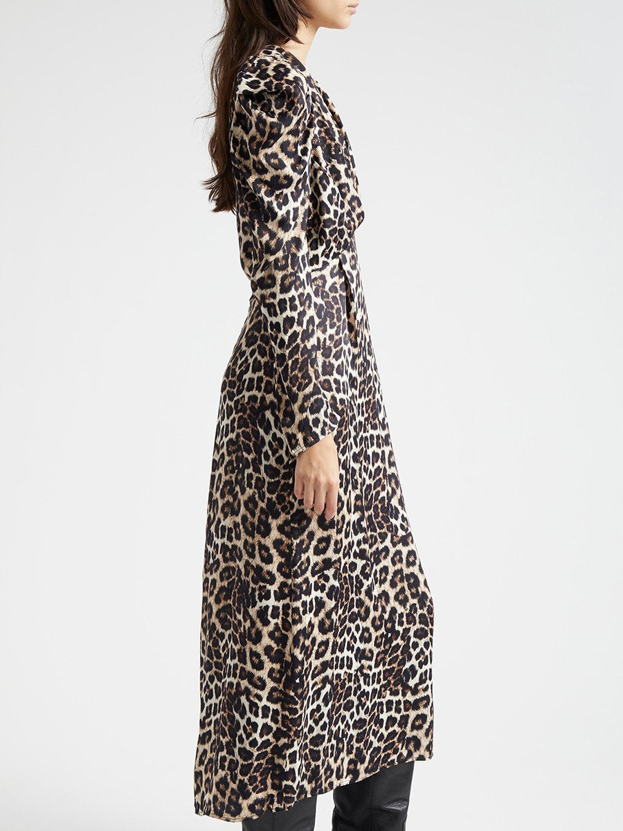 Retro Elegant Fashion Puff Sleeve V-Neck Leopard Print Maxi Dress