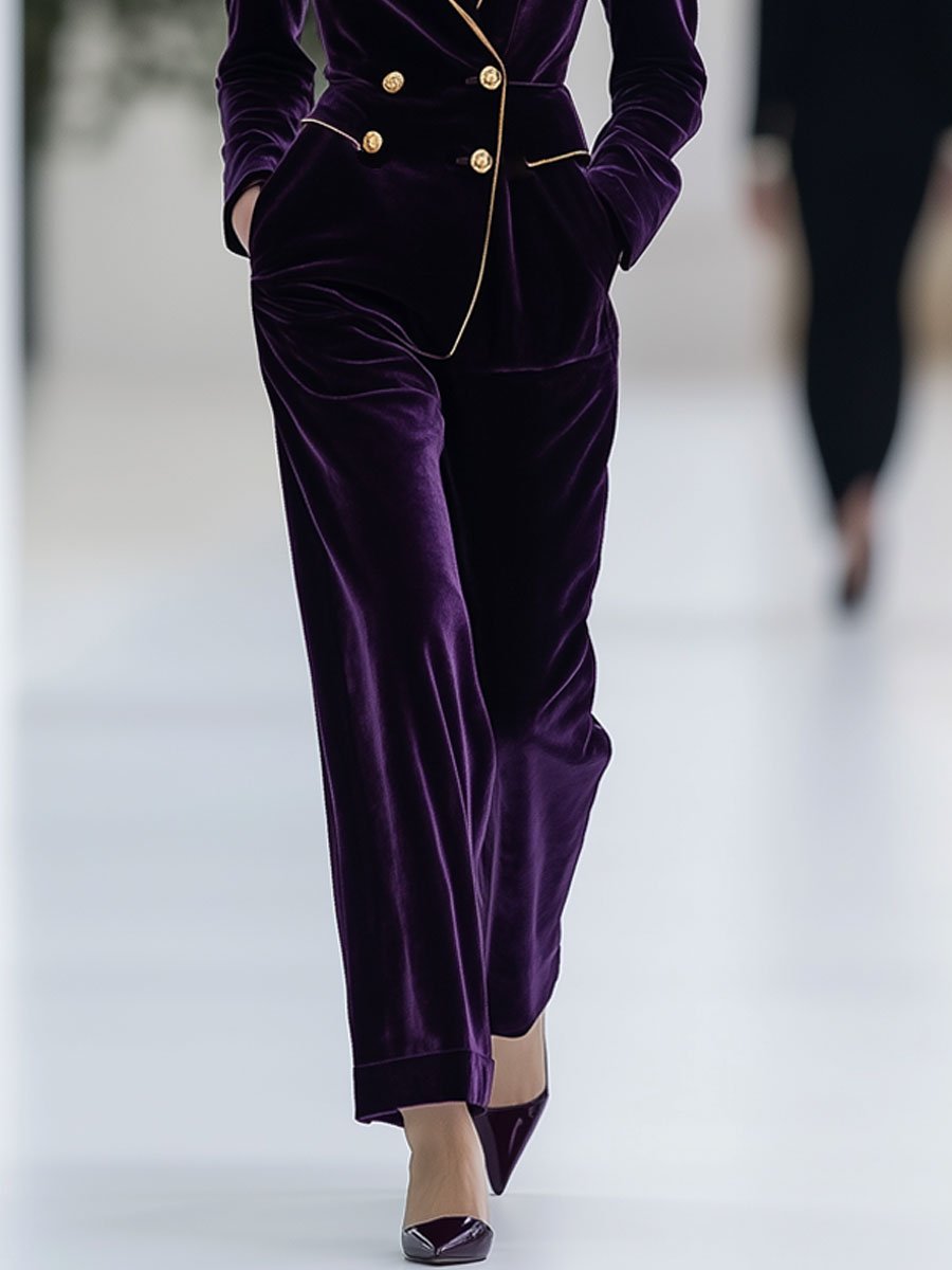 Casual Loose Retro Purple Velvet Gold Trim Suit Jacket Wide Leg Pants Set