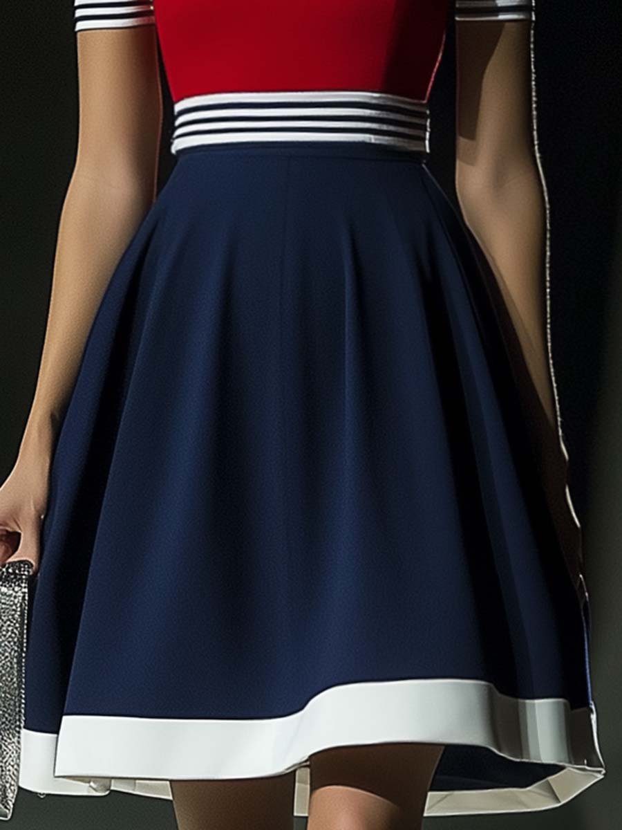 Fashion Round Neck Waist A-line Red Navy Blue Contrast Color Mini Dress