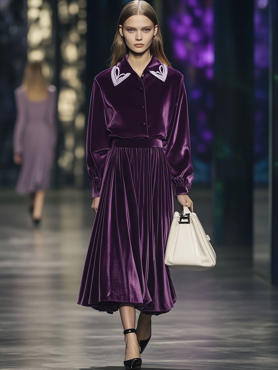 Fashion Retro Purple Velvet Long Sleeve Shirt Skirt Blouse Set