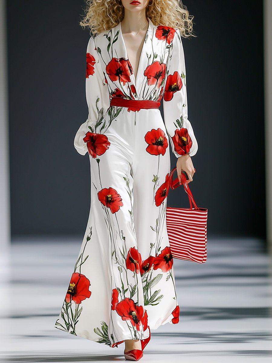 High-End Loose And Fashionable Poppy Print V-Neck Jumpsuit