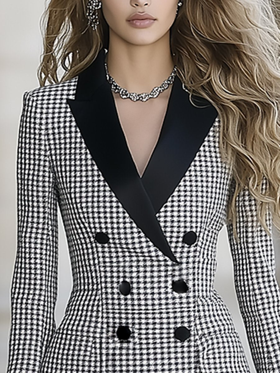 High-End And Fashionable Double-Breasted Houndstooth Midi Dress