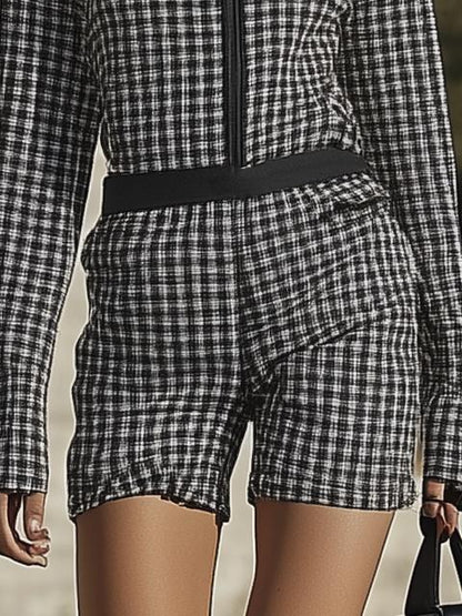 Fashionable Plaid Stand Collar Long Sleeve Shorts Jumpsuit