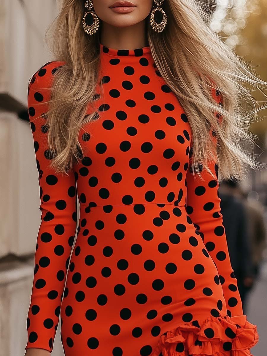 Playful Half-high Collar Ruffled Orange Polka Dot Mini Dress