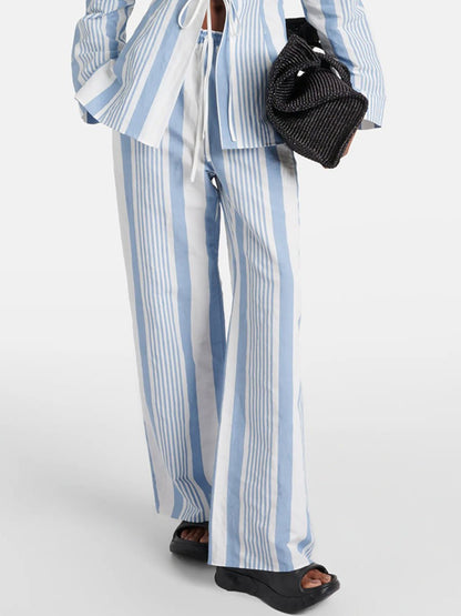 Casual Loose Blue Striped Cotton Long Sleeve Shirt Wide Leg Pants Set