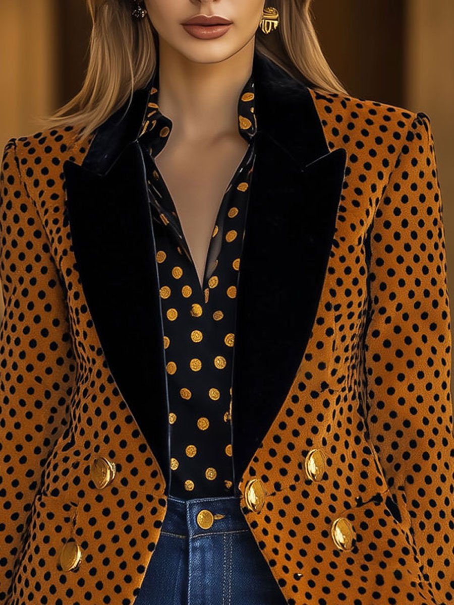 Casual Loose Vintage Velvet Polka Dot Lapel Metal Button Blazer