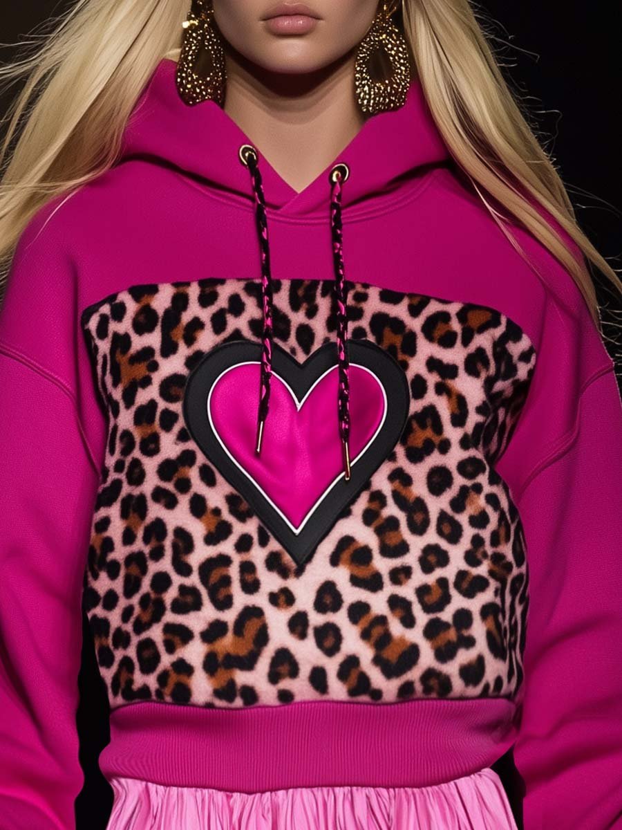 Eye-catching Hooded Heart Leopard Print Rose Red Sweatshirt