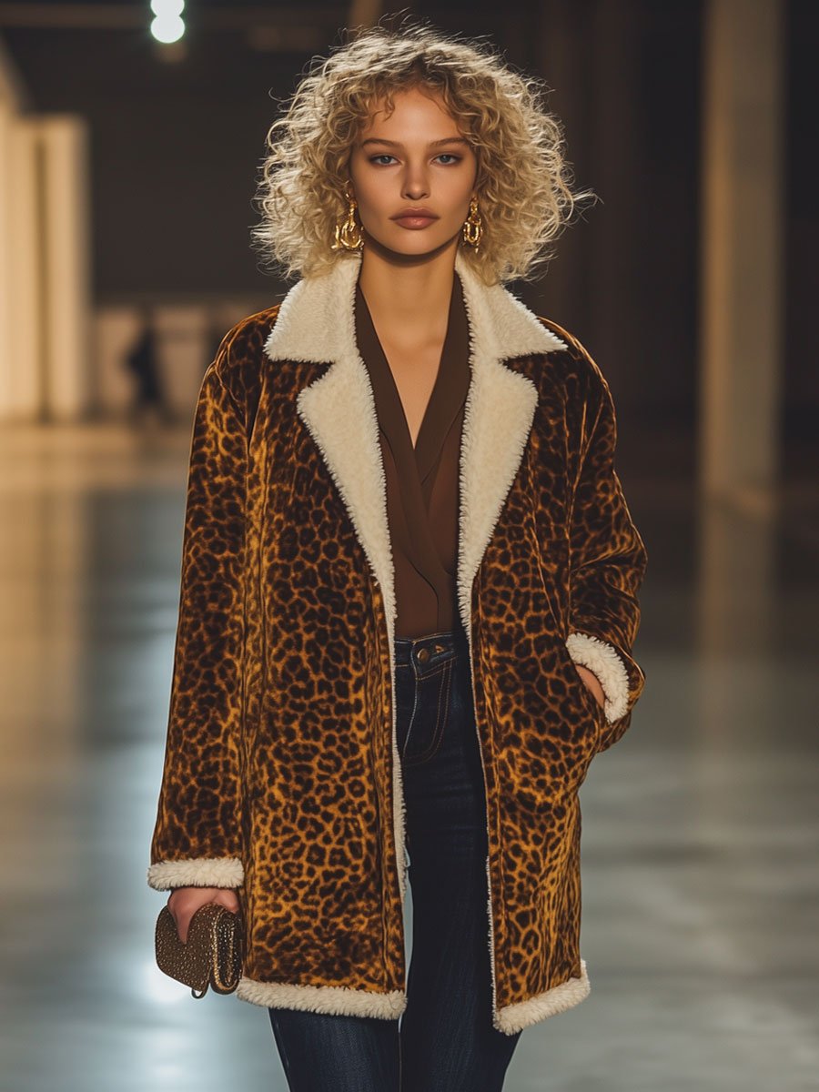 Casual Loose Retro Velvet Leopard Print Lamb Wool Patchwork Coat