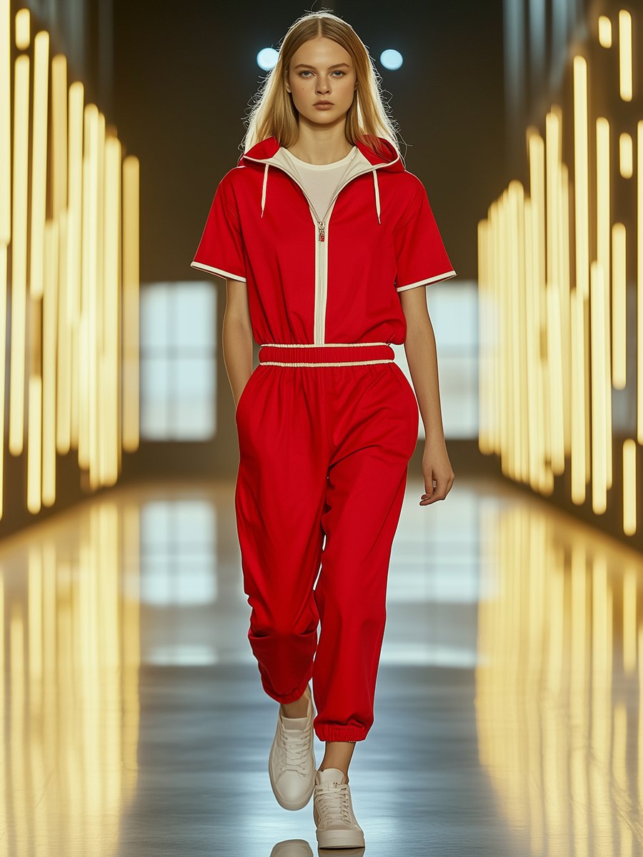 Fashionable and casual sportswear white half-zip red short sleeve hooded jumpsuit